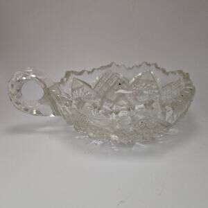 Vtg Clear Pressed Glass Handled Nappy Dish 5" Sawtooth Edge Starburst Pattern